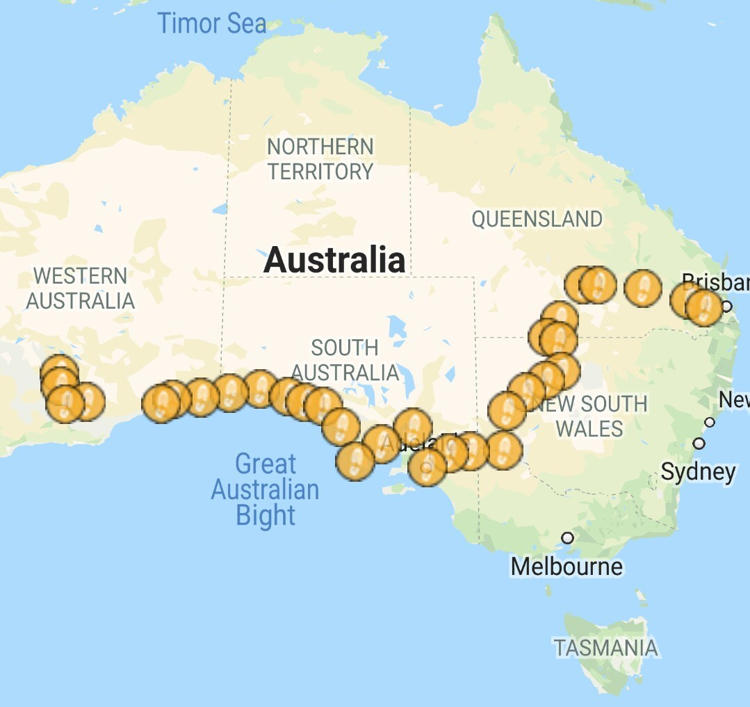 Brisbane to Kalgoorlie as tracked by my GPS tracker